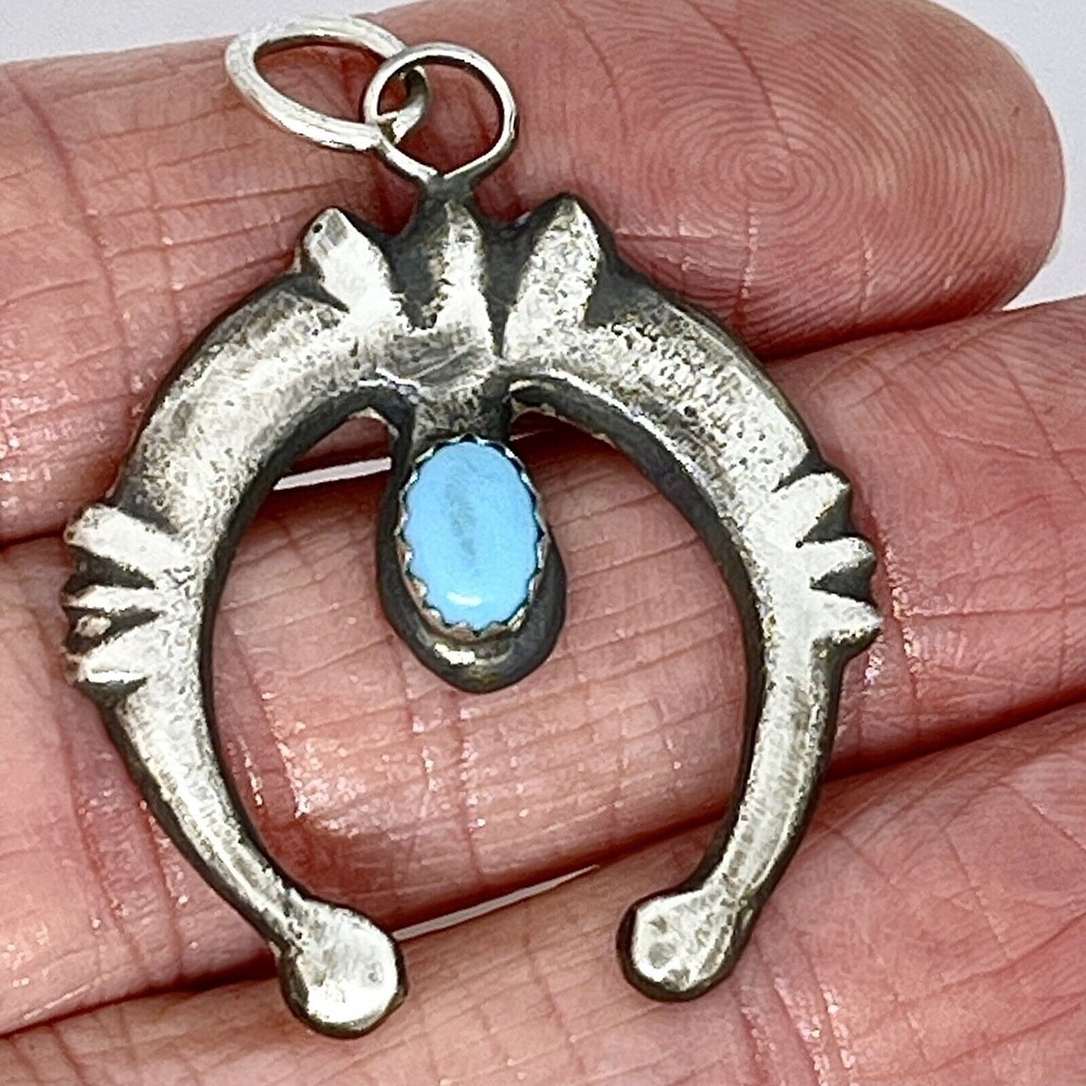 Navajo Naja Turquoise Pendant 1.5in Sterling MATTE Dark CY Charm Native Small